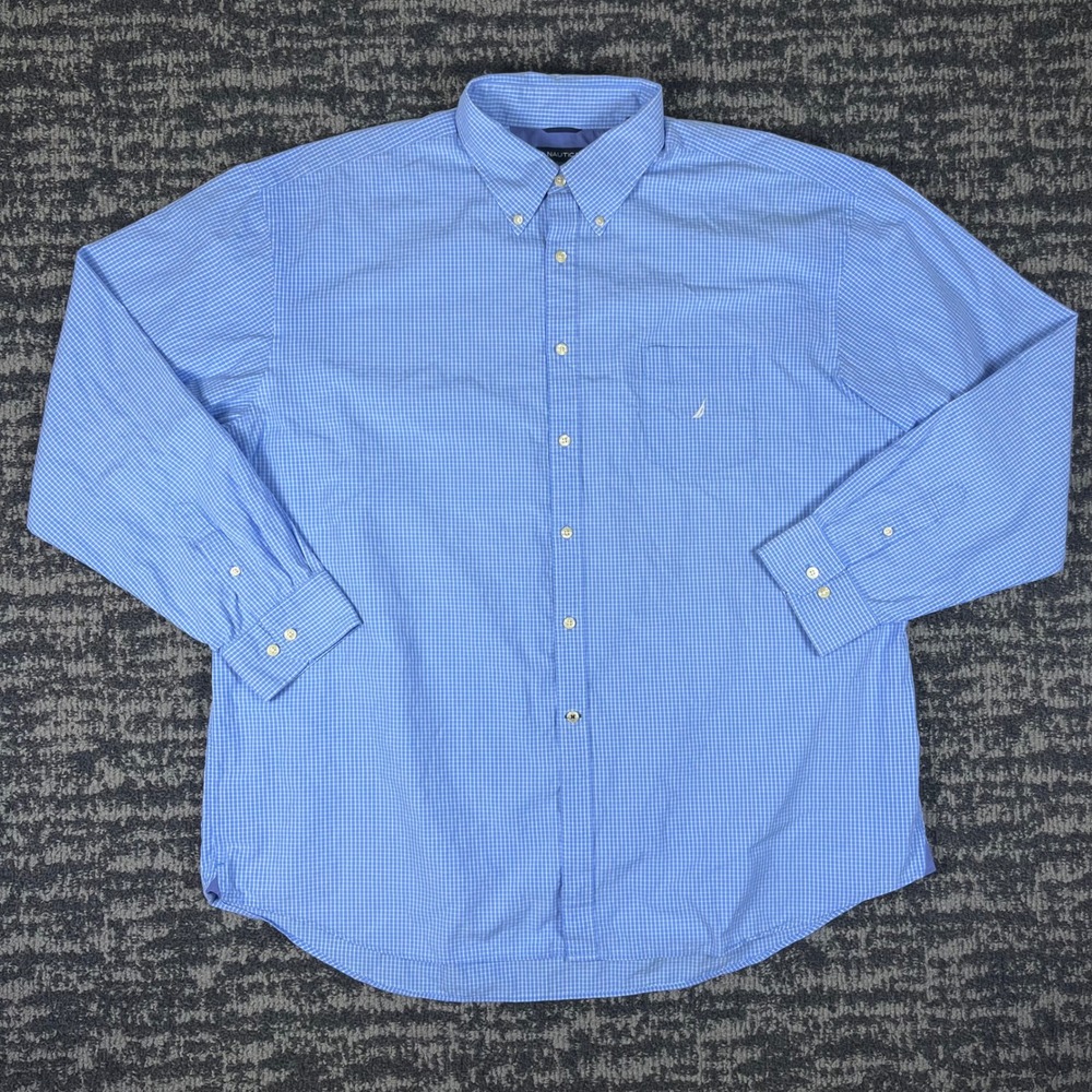 Nautica Button Down Shirt Mens 3XL Blue Gingham 80s Two-Ply Cotton Long Sleeve